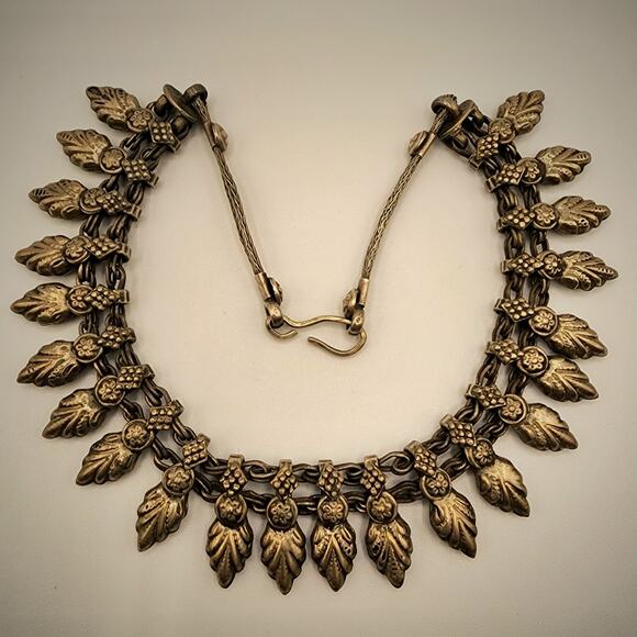 Antique Gilt Brass Leaf Fringe Bib Necklace Austrian Bohemian c1918–1930 S-Hook - Picture 3 of 8